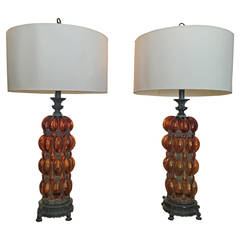 Grand Scale Murano Amber Bubble Glass & Iron Table Lamps