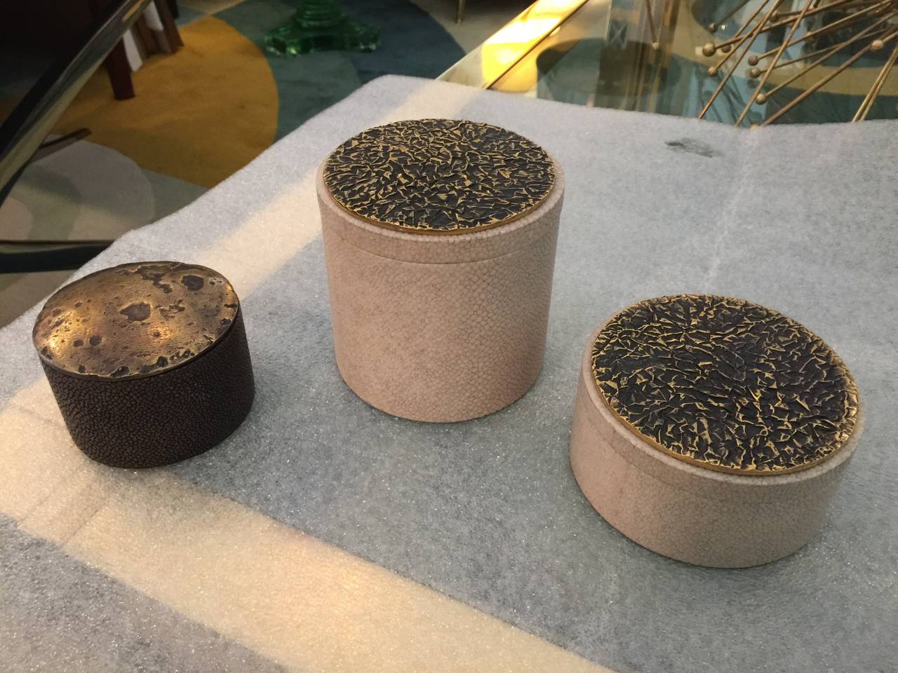 20th Century Collection of Shagreen and Bronze Lid Boxes