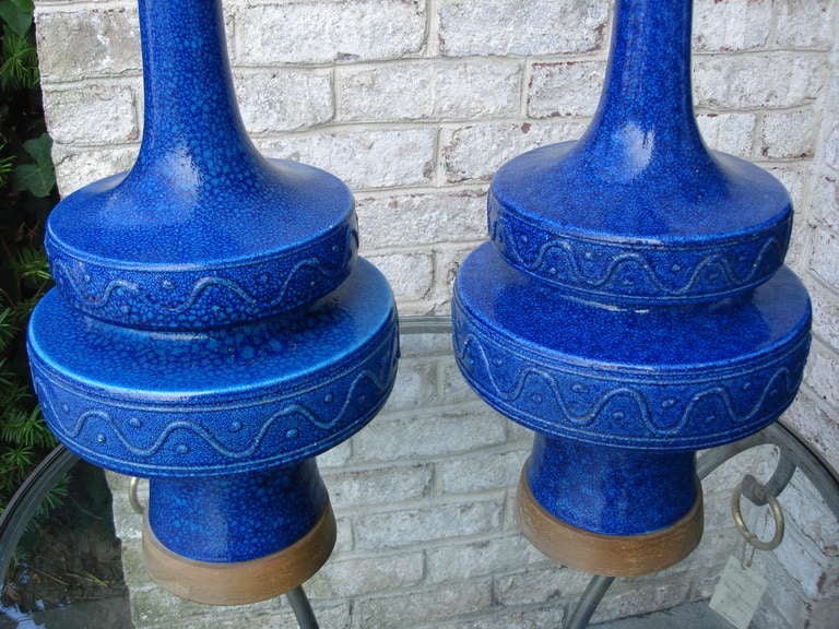 American Pair of Midcentury Ceramic Cobalt Blue Tall Lamps