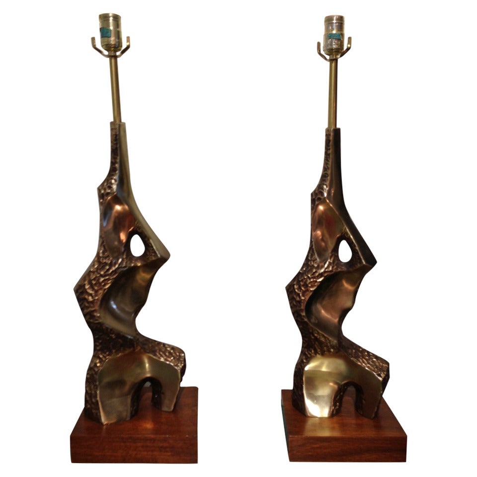 Brutalist Brass Table Lamps by Richard Barr for Laurel Lamp Co.