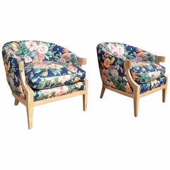 Original Quilted Floral Fabric Armchairs by Baker