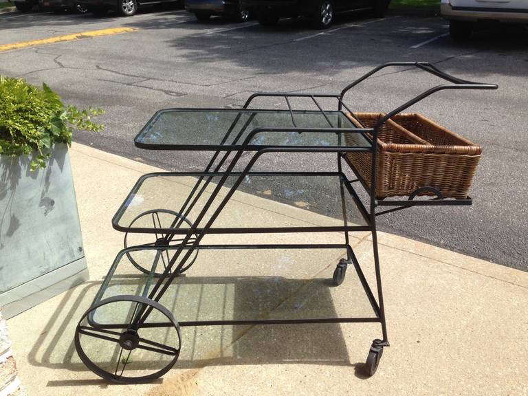 Iron Bar Cart with Wicker Basket Bottle Holder