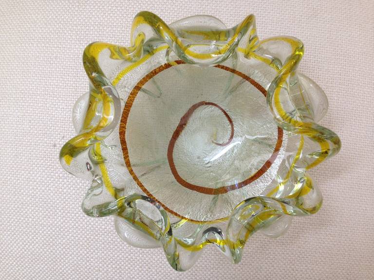 Hand-Crafted Italian Murano Silver Foil and Citrine Stripe Glass Bowl