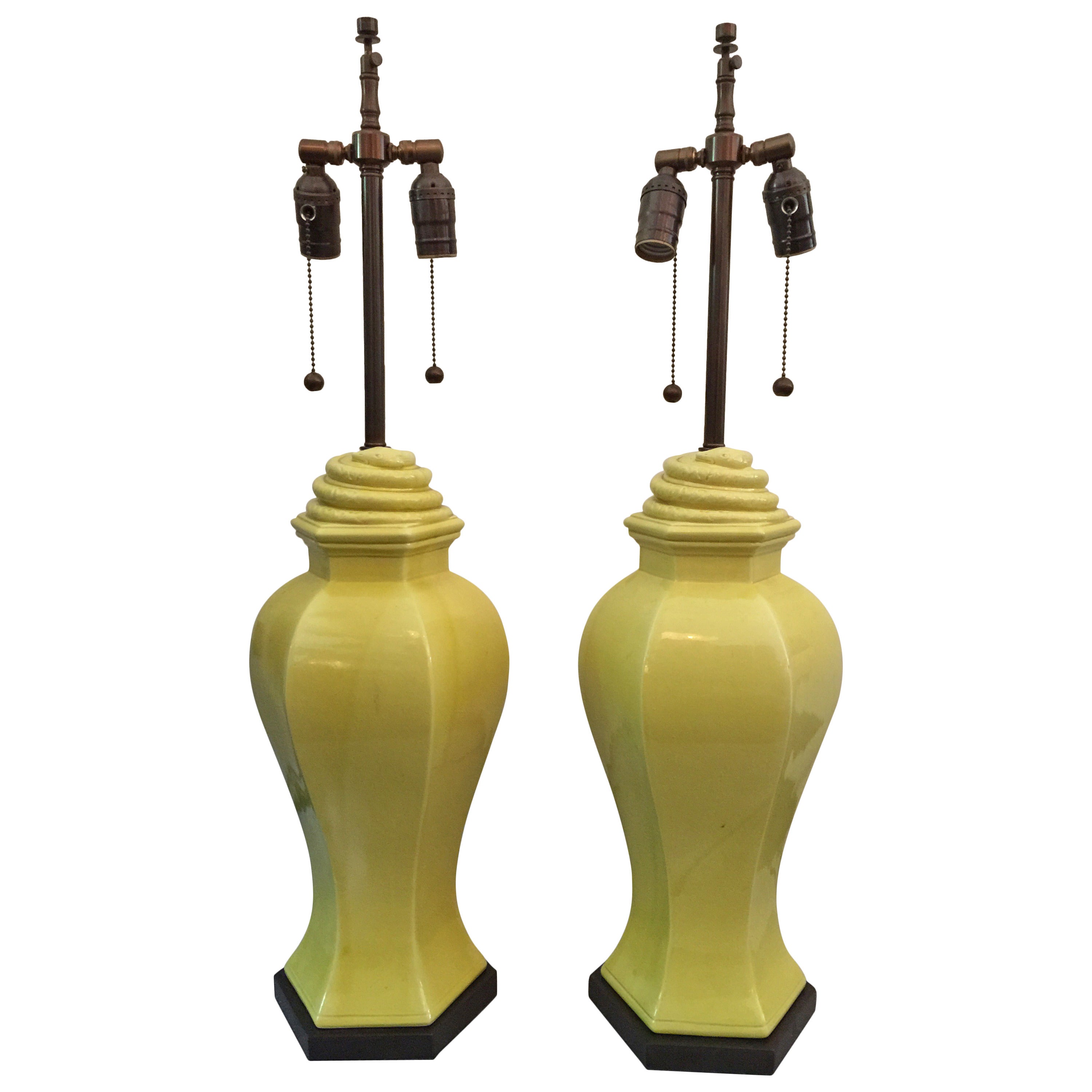 Citron Porcelain Table Lamps with Serpentine Detail