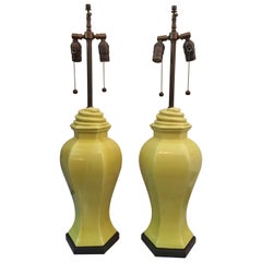 Retro Citron Porcelain Table Lamps with Serpentine Detail