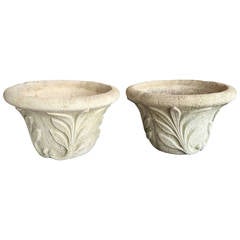 Oversized Matching Pair of Carved Concrete Planters by Nina Studio