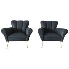 Pair of Italian Armchairs in Petroleum Blue Calfskin Leather 3