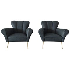 Retro Pair of Italian Armchairs in Petroleum Blue Calfskin Leather 