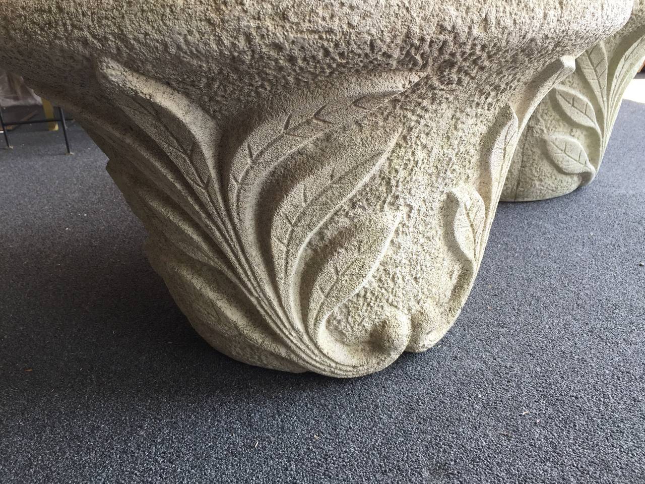 This wonderful vintage pair of carved concrete planters in leaf relief design are made by Nina Studio in Quakertown, PA. Stamped 1810 on each. These came from an important artist's home on Fire Island.