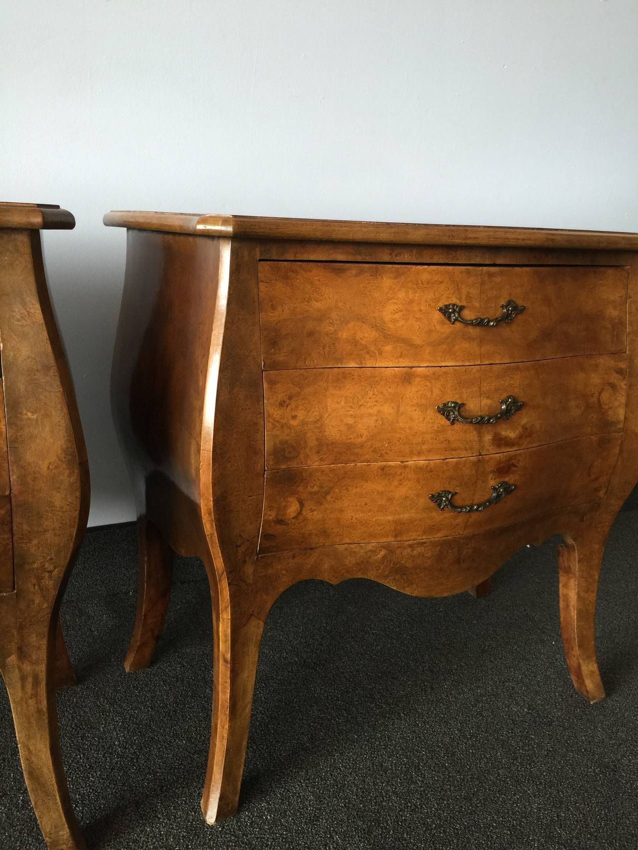 Pair of Bombay Style Italian Commodes with Burl Wood Veneer