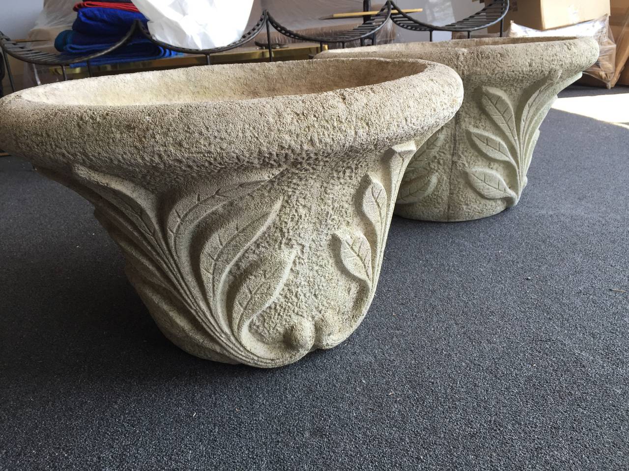 American Oversized Matching Pair of Carved Concrete Planters by Nina Studio