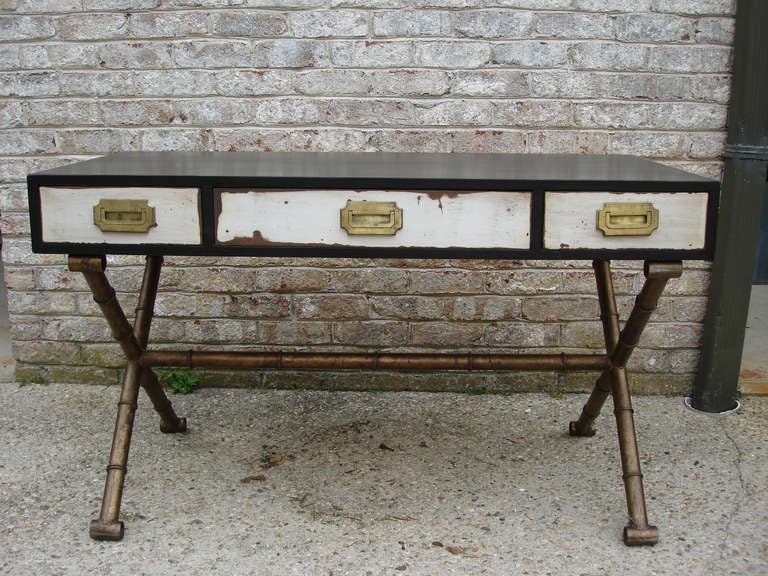 Mid-20th Century Distressed Campaign Desk with Faux Bamboo 