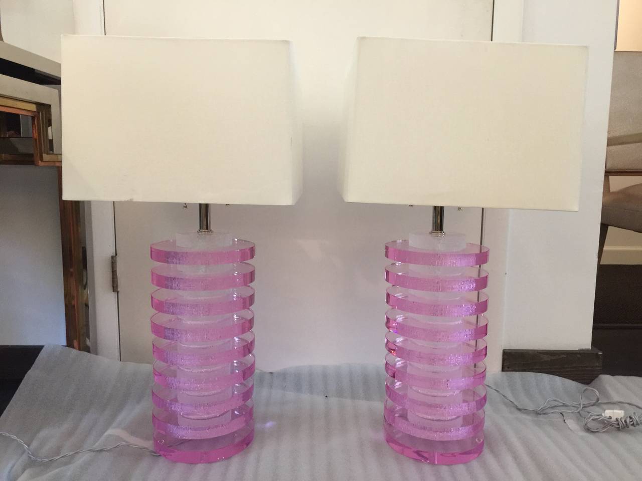 Pink Lucite Stacked Disc Lamps