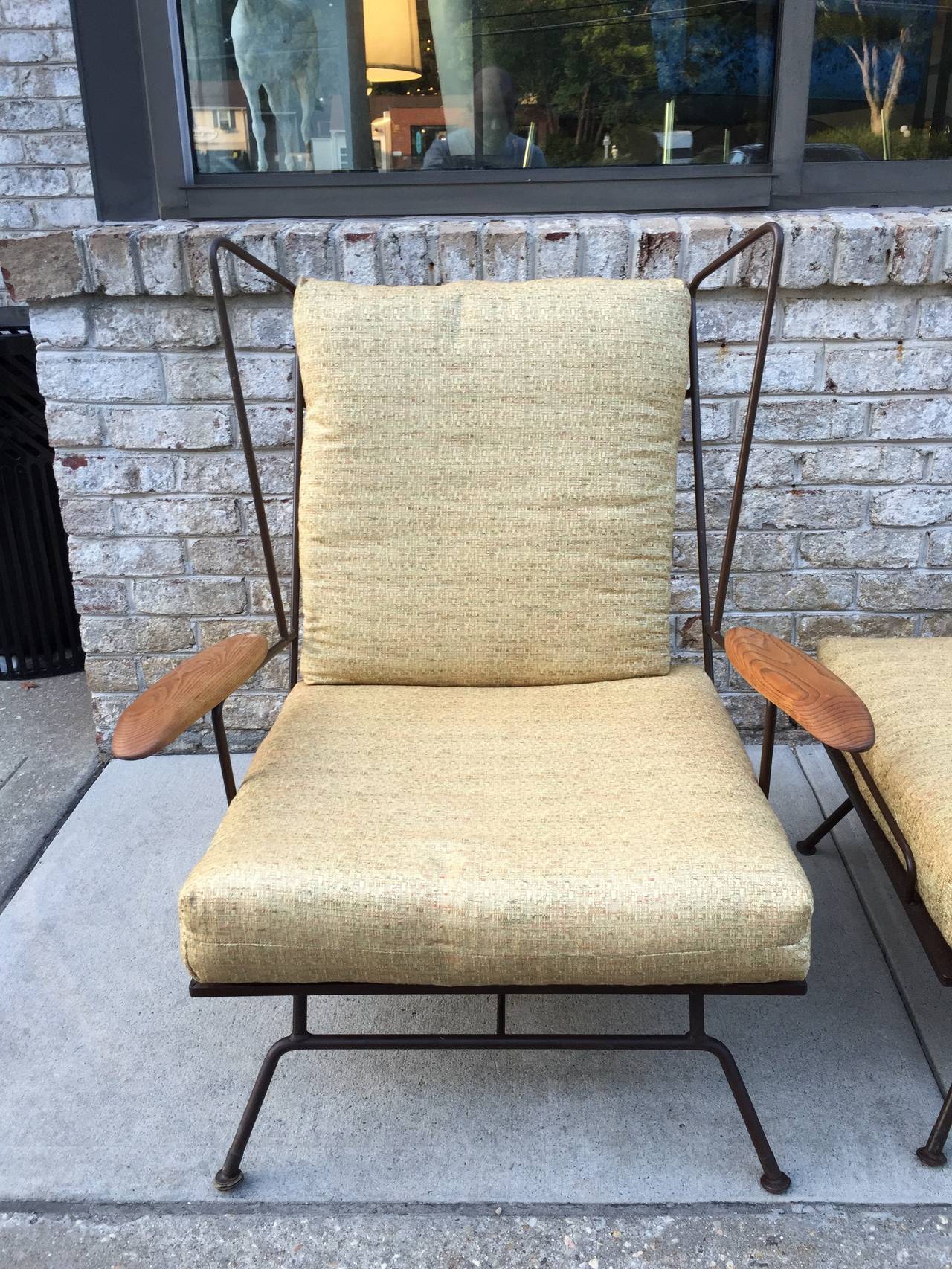 Walnut Rare Set of Loose Cushion Modernist Iron Lounge Chairs