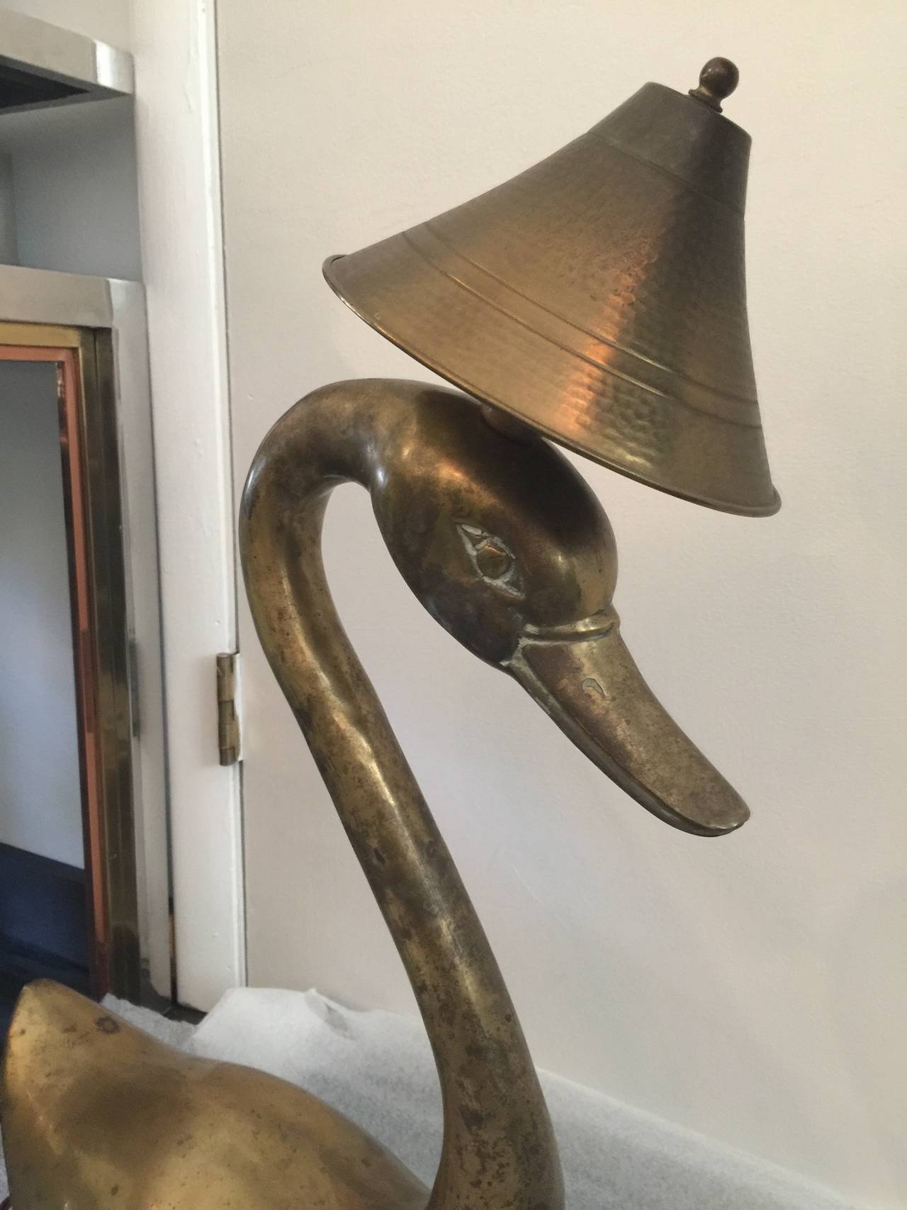 American Oversized Brass Swan Table Lamps, Pair