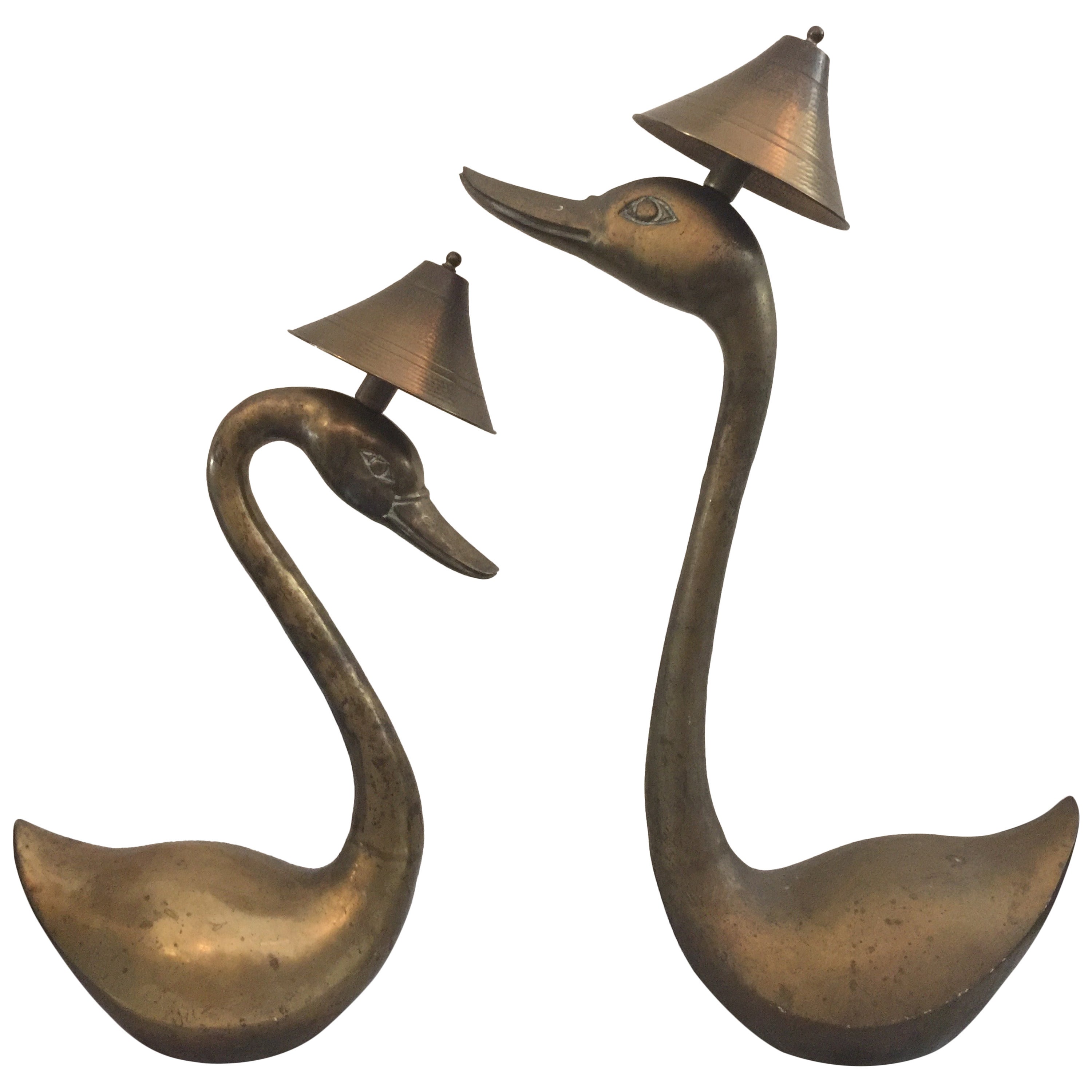 Oversized Brass Swan Table Lamps, Pair