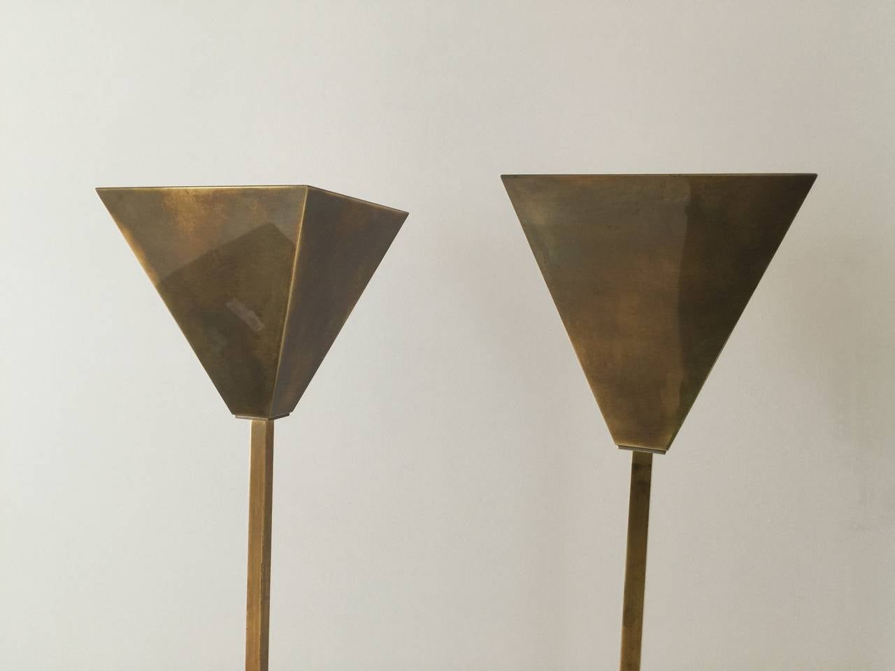 American Pair of Chapman Brass Torchieres with Inverted Pyramid Diffusers