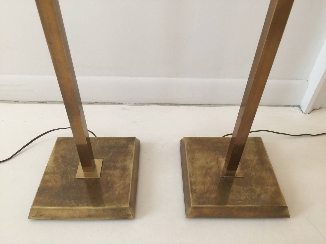 Pair of Chapman Brass Torchieres with Inverted Pyramid Diffusers In Excellent Condition In East Hampton, NY