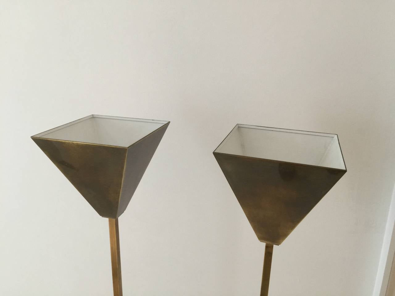 Late 20th Century Pair of Chapman Brass Torchieres with Inverted Pyramid Diffusers