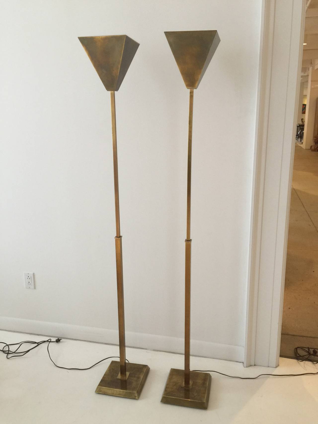 Pair of Chapman Brass Torchieres with Inverted Pyramid Diffusers 2