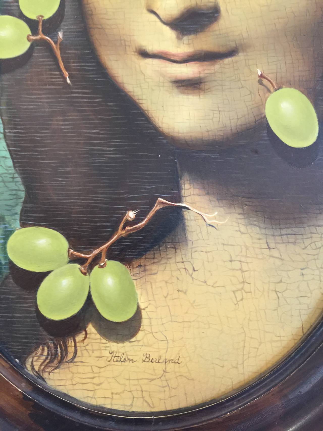 Whimsical play on DaVinci's Mona Lisa, this exquisite oil on panel with antique oval frame is by Helen Berland (signed).