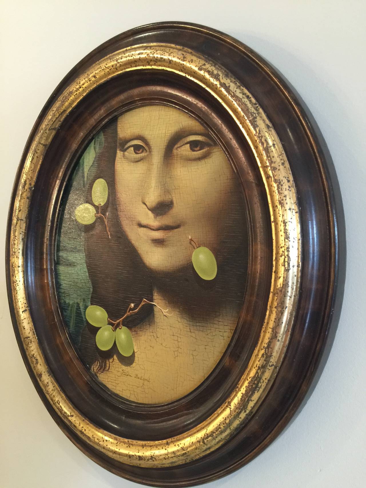 American Original Helen Berland Oil on Panel of Mona Lisa with Green Grapes