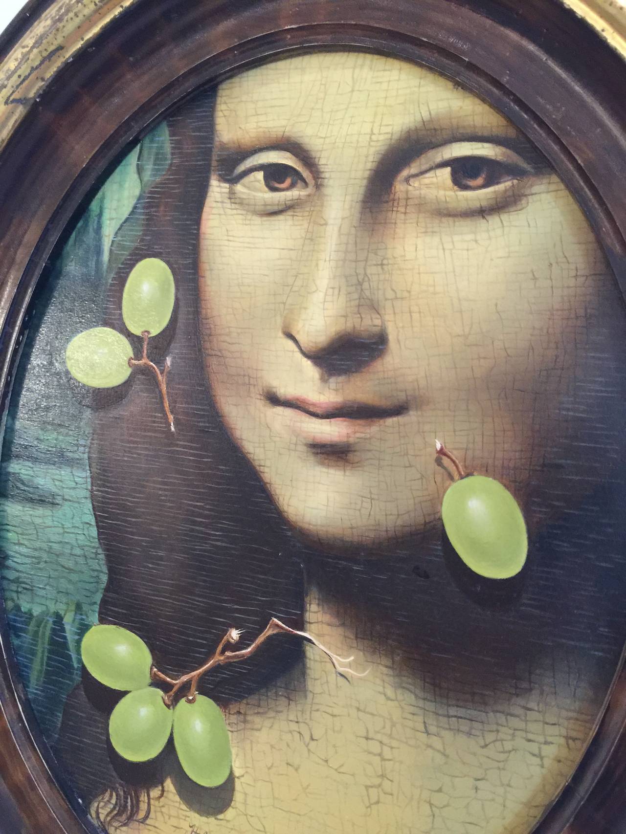 Original Helen Berland Oil on Panel of Mona Lisa with Green Grapes In Excellent Condition In East Hampton, NY