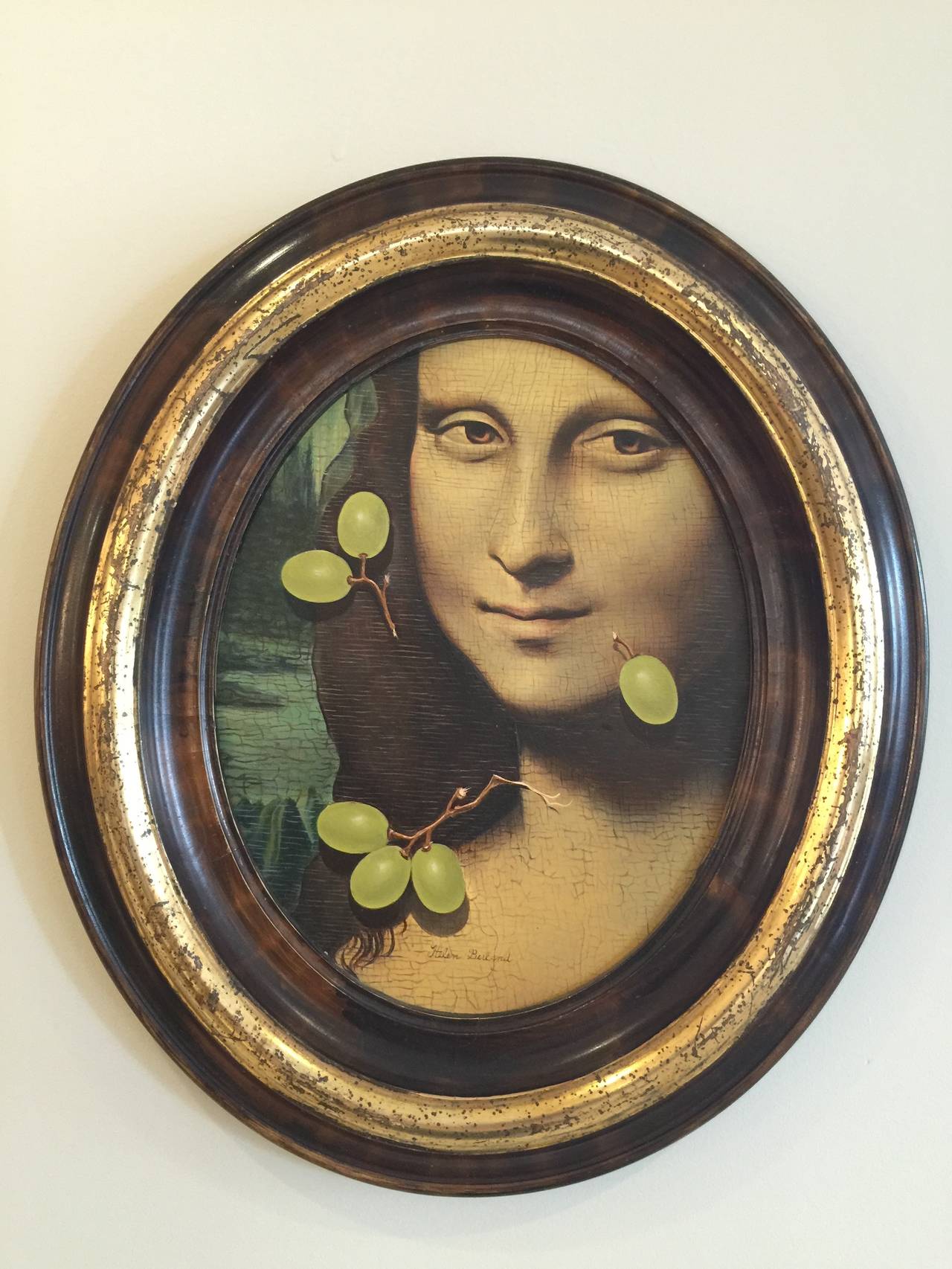 20th Century Original Helen Berland Oil on Panel of Mona Lisa with Green Grapes