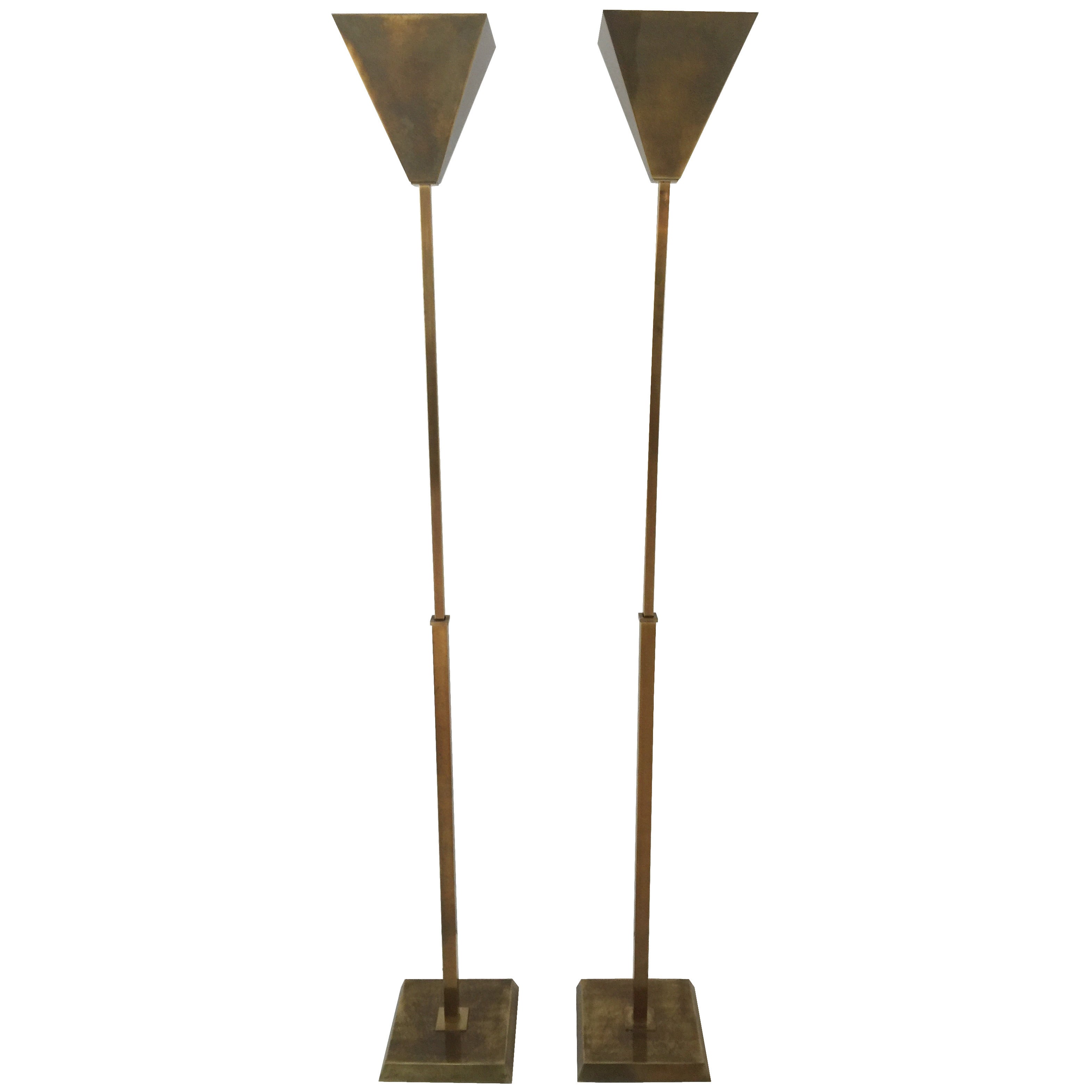 Pair of Chapman Brass Torchieres with Inverted Pyramid Diffusers