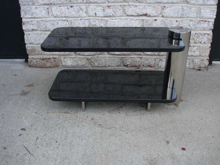 Brueton vintage side tables in black granite (two tiers) and stainless steel.