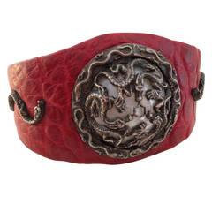 Lou Guerin Signed Exotic Leather and Sterling Serpent Cuff