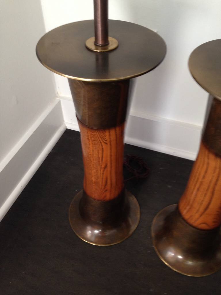 Organic Modern Exceptional Oak and Patinated Brass Modernist Lamps, Pair