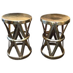 Pair of Tribal Polished Hammered Brass Stools or Side Tables