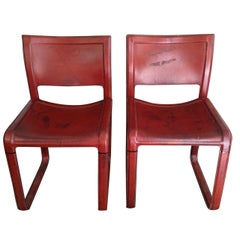 Distressed Matteo Grassi Red Stitched Leather Chairs