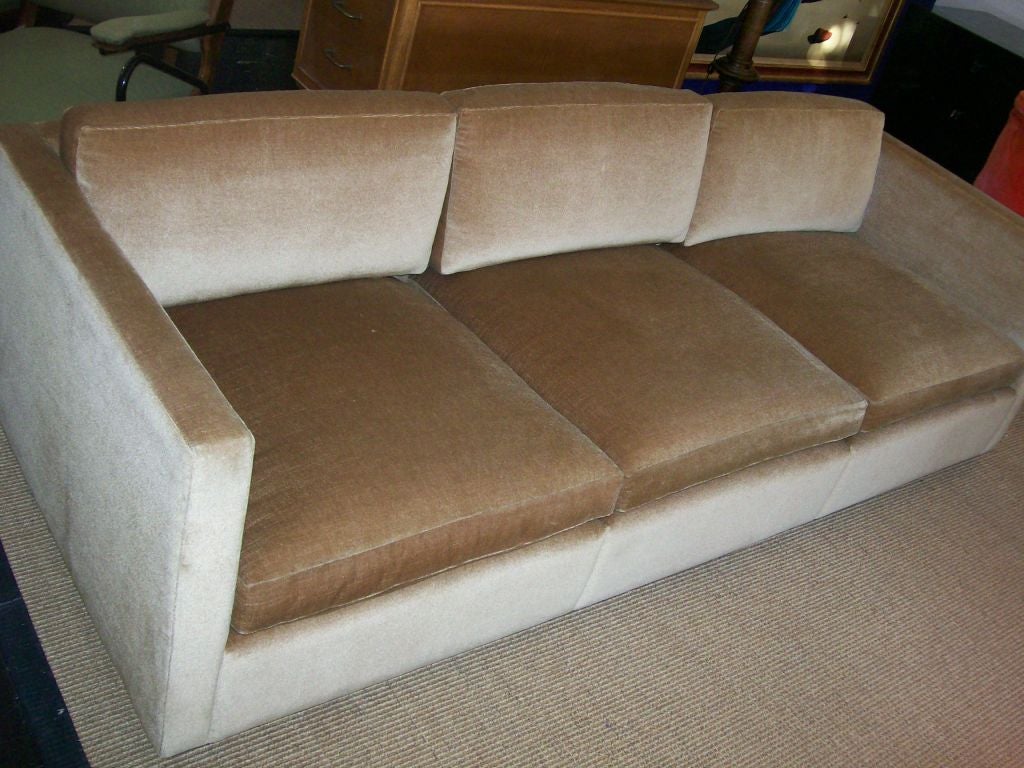 Original Charles Pfister for KNOLL tuxedo sofa in Jack Lenor Larsen mohair fabric in camel/caramel tones.  GREAT lines and extremely comfortable.
