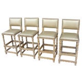 Set of Four Distressed Barstools w/Gold Leather and Brass Trim