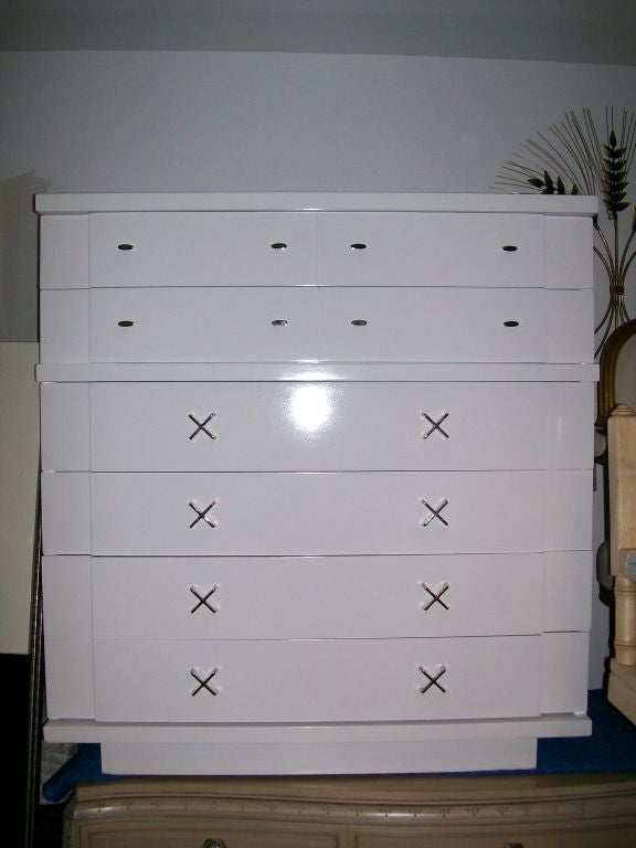 White Lacquered and Nickel Fixture Tall Chest of Drawers