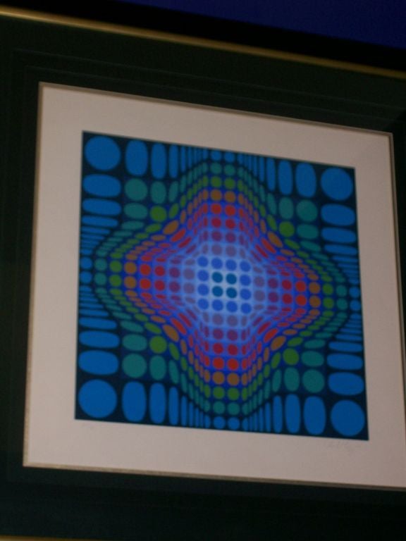 This beautiful silk screen litho is signed and numbered 209 of 250. Frame is original to period. Psychedelic patterns that emerge from early computational experiments parallel Optical Art imagery of the sixties. Op Artist Victor Vasarely used the