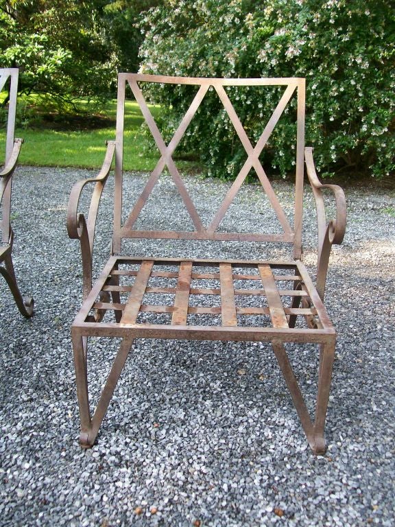 Iron Pair of Lattice Back Reclining Garden Armchairs
