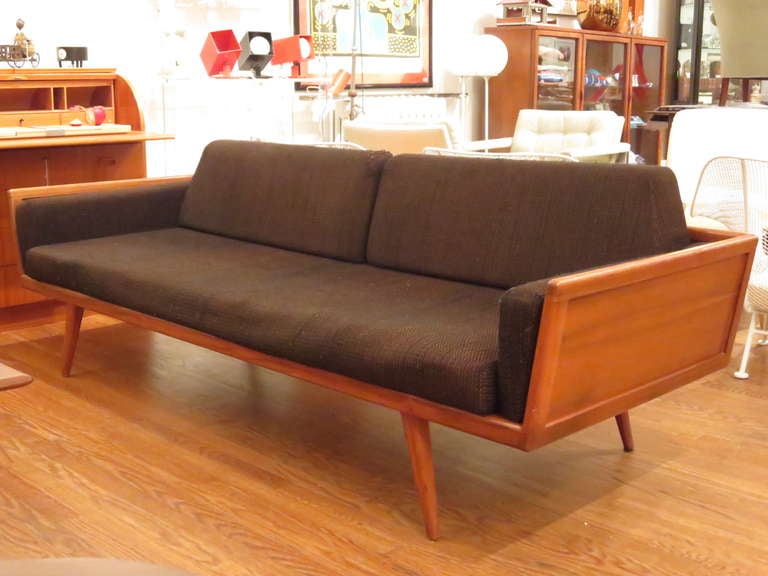 Sofa designed by Mel Smilow for Smilow-Thielle, with finished wood sides and back.  Smilow conceived this sofa to be freestanding, if desired,  in the open plans of mid century homes.  Original cushions.