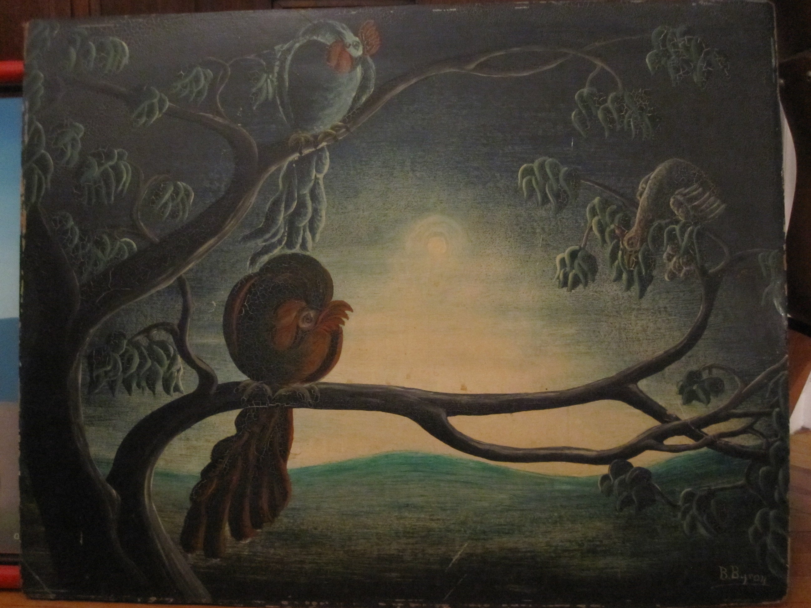 By Haitian Artist Bourmond Byron  "Nocturnal View of Three Roosters"