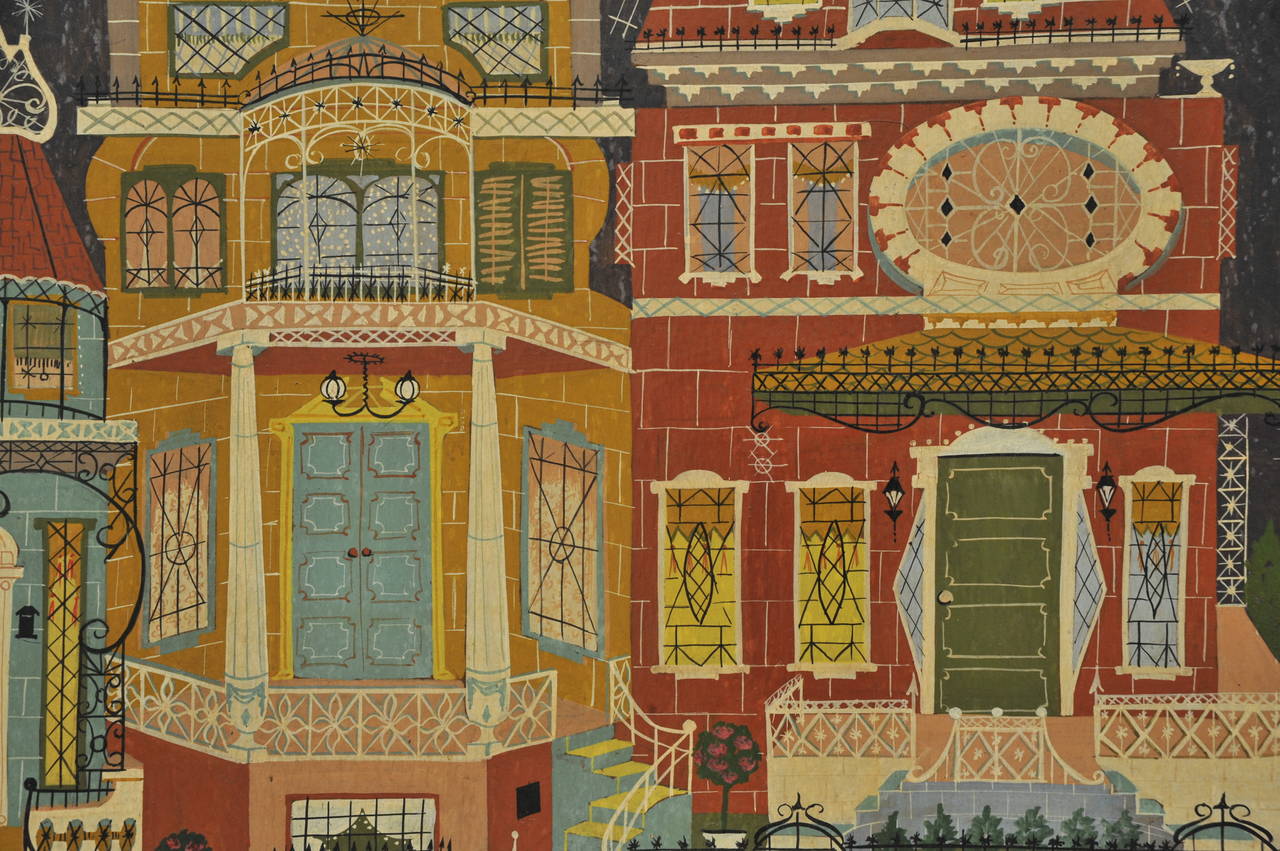 Dated 1957. This painting on board is a fanciful representation of Murray Hill.
