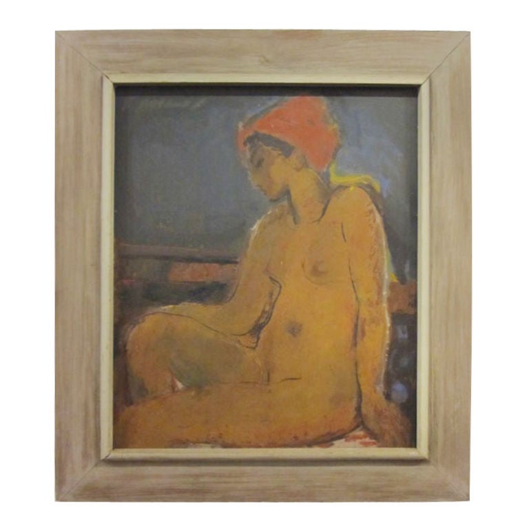Lovely painting of a seated nude woman in a restful pose.  Subtle and serene.  Frame is original to the painting and compliments it well.