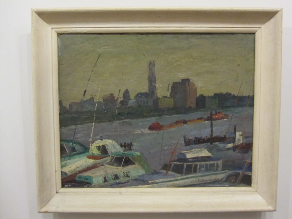 This painting signed Tacorian has a bygone view of  New York City and  what was then  life on the river.