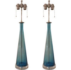 Pair of Blue Glass Murano Lamps