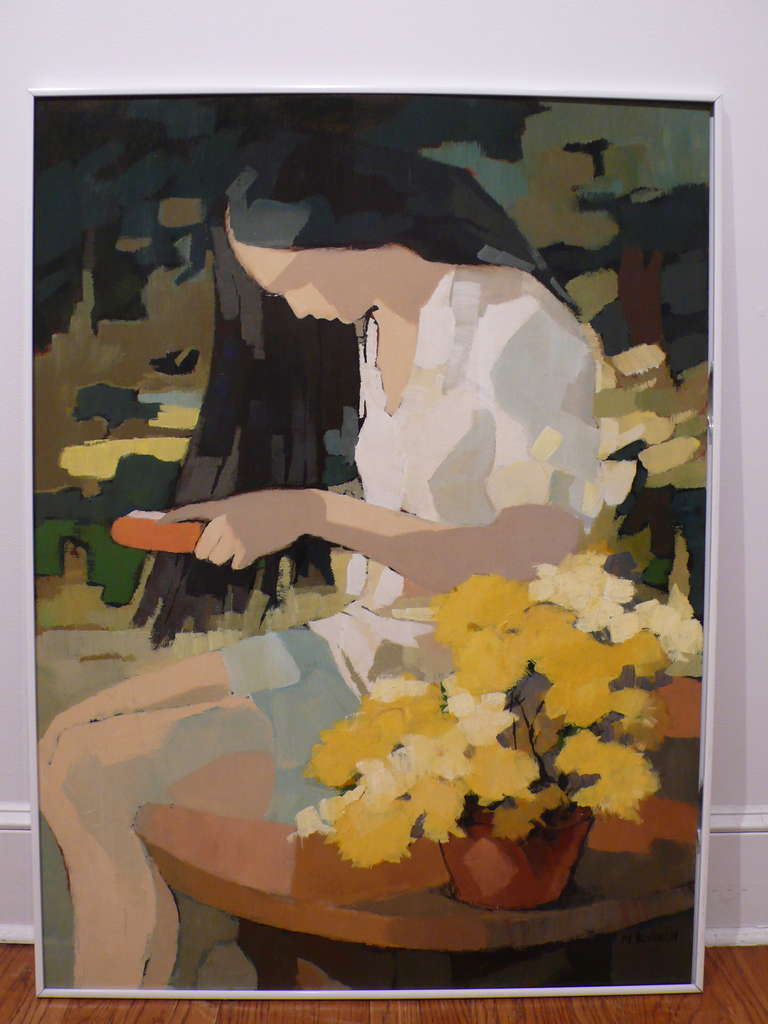 Large painting of a young woman combing her hair by noted American illustrator, Mimi Korach. Very beautiful composition and color palette.  On board.