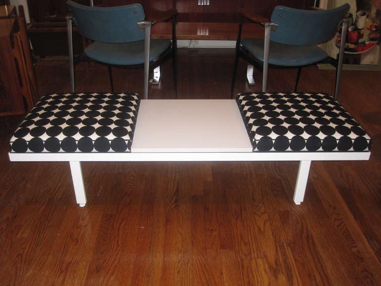 Striking George Nelson steel frame bench newly upholstered in Girard like fabric.  Can be used in any room of the house.