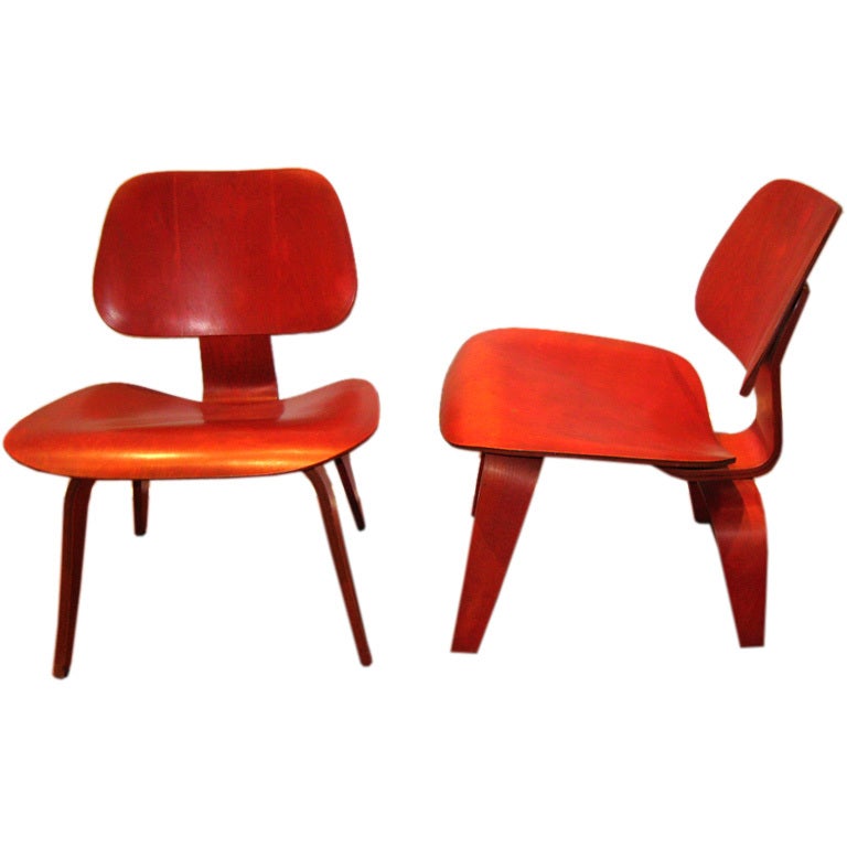 Rare Pair of Red  LCW  Chairs by Charles and Ray Eames