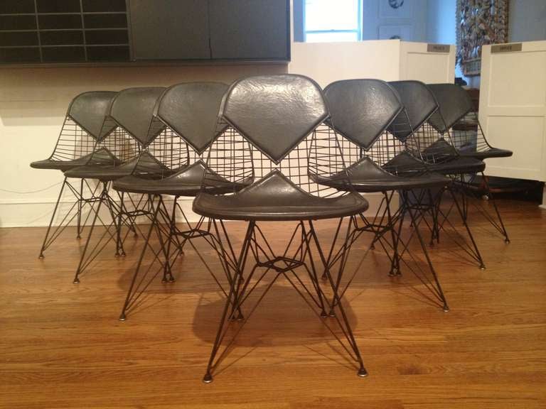 Set of seven DKR chairs designed by Charles and Ray Eames for Herman Miller.
Six of the seven chairs and the original Bikini pads are in very good condition. 
Also available is the 46