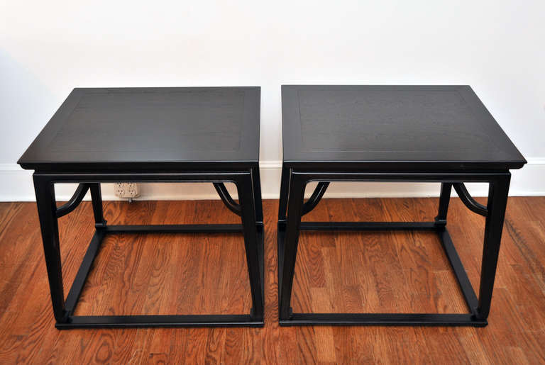 Pair of end / side or night tables, Asian inspired by Michael Taylor for Baker.  Newly refinished in an ebony tone.